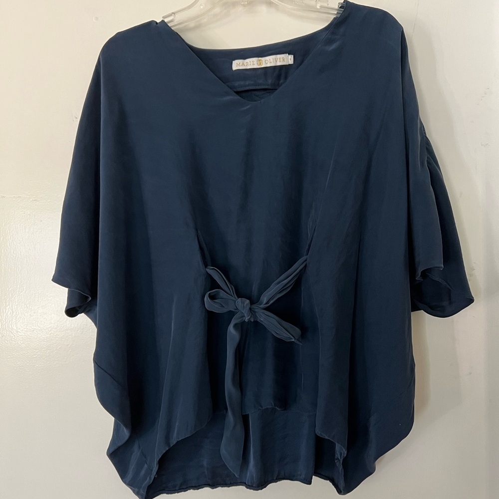 Marie Oliver Silk Caftan Blouse Navy Tie Front Boho Small - Picture 2 of 7